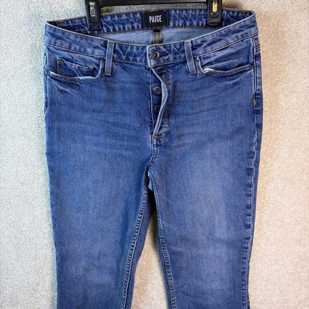 PAIGE Colette Crop Flare Jeans‎ Women's 30x26 Button Fly Raw Hem USA Blue Denim